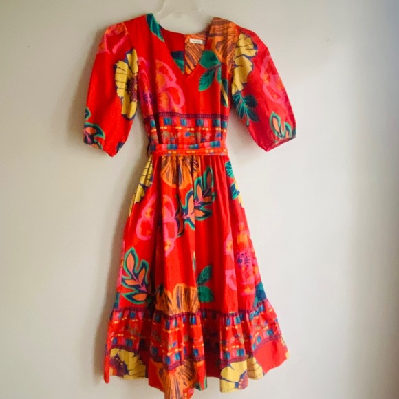 Maude Vivante Floral Midi Dress Small Red Tropical Boho Puff Sleeve Maximalist - Picture 4 of 6